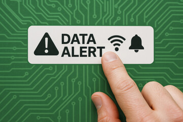 Poster - A interacts with a notification symbolizing a data alert amidst a digital network highlighting communication urgency in technology