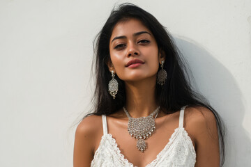 young beautiful woman wearing gold necklace