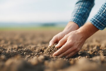 Poster - farmer checking soil condition with bare hands in plowed field
