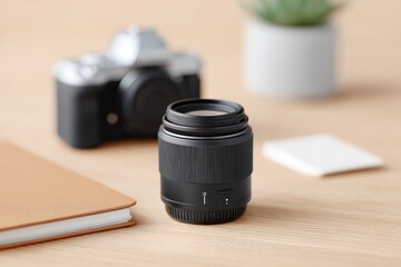 Poster - flat lay of memory cards lenses and notebook on wooden table