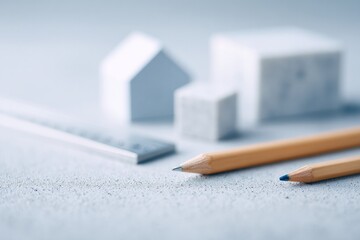 Poster - flat-lay of architectural scale model pieces ruler and pencils on concrete tabletop under soft light
