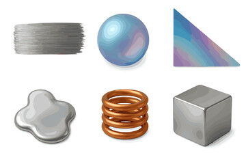 Poster - Artistic composition of metallic and abstract shapes on a white background showcasing various textures and forms