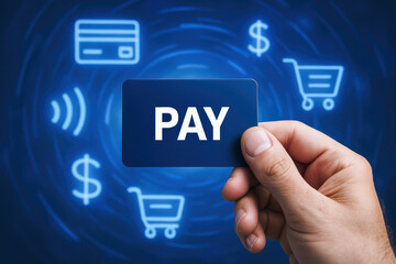 Poster - a close-up a holding a digital card with payment elements symbolizing financial transactions and mod