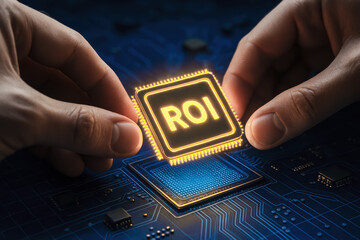 Poster - A close-up view two hands strategically placing a glowing digital chip on a circuit board symbolizing investment return and technological advancement in business