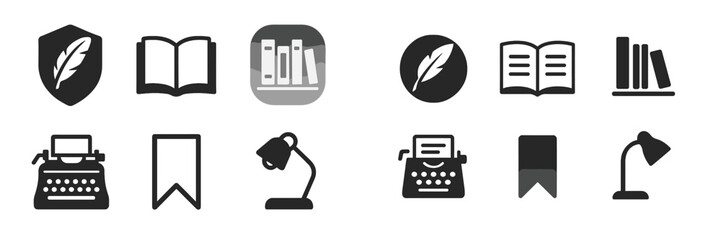 Poster - Creative icons representing literature, writing tools, and reading activities in a minimalistic style