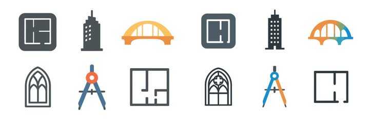 Poster - Icons representing architecture and design elements including buildings, bridges, and drafting tools showcased in a creative layout