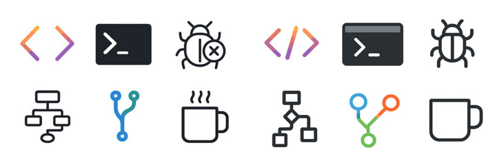 Poster - Different types of programming and debugging icons representing various coding concepts and practices