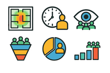 Poster - Visual representations of data analytics including heat maps, clocks, and charts during a business meeting