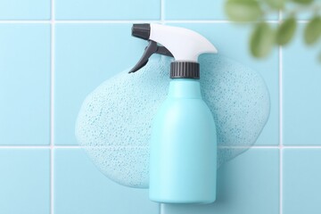 Poster - foam gun lying on clean tiled floor with soap puddle