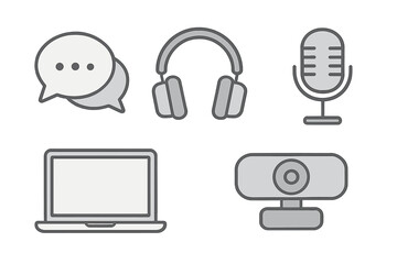 Poster - Elements of a digital communication setup including a laptop, microphone, headphones, and webcam for online interaction