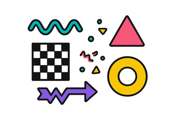 Poster - Colorful abstract geometric shapes in bright colors arranged on a white background for creative design inspiration