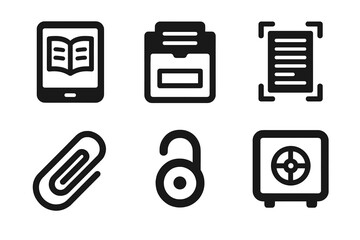 Poster - Icons representing various office supplies and digital files for organizational purposes in a modern workspace