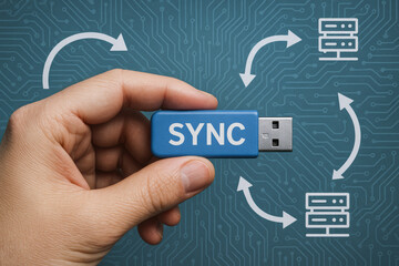 Poster - The concept synchronization and data transfer is represented by a holding a USB device surrounded by digital arrows and server icons symbolizing efficient network communication