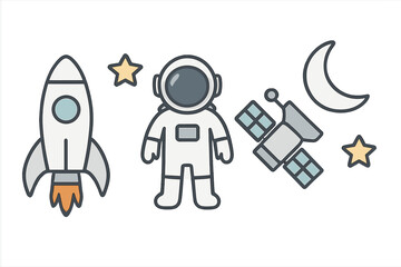 Wall Mural - Illustration showcases a rocket, astronaut, satellite, moon, and stars in a playful space theme for educational use