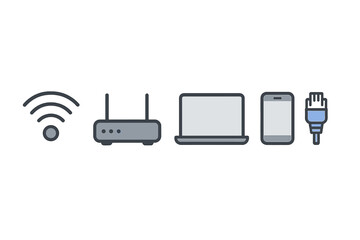 Poster - Modern technology setup showcasing wireless router, laptop, smartphone, and Ethernet cable for connectivity