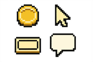 Poster - Digital pixel icons showcasing a coin, cursor, rectangle, and speech bubble in a retro style against a plain background