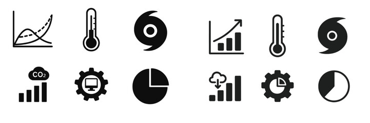 Poster - Various symbols representing data analysis, weather patterns, and environmental metrics in a modern graphical style