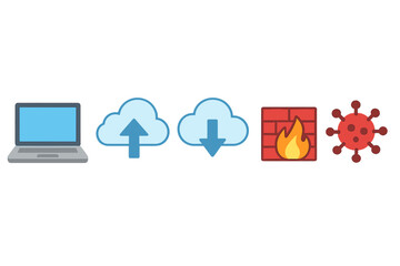 Fototapete - Cybersecurity elements representing data transfer, firewall protection, and malware threats in a digital environment