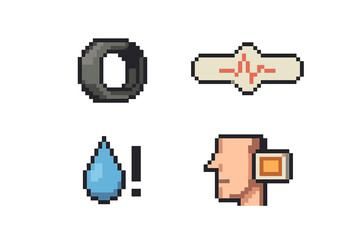 Fototapete - Iconic pixel art symbols representing health, hydration, and sound designed in a retro style