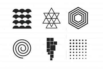 Poster - Geometric patterns displayed in black and white style featuring various shapes including waves, stars, and hexagons
