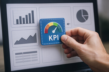 Poster - A places a floating KPI gauge at the center a customizable business dashboard highlighting key performance insights
