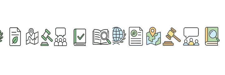 Poster - Creative icons representing various aspects of research, collaboration, and legal processes in a modern setting