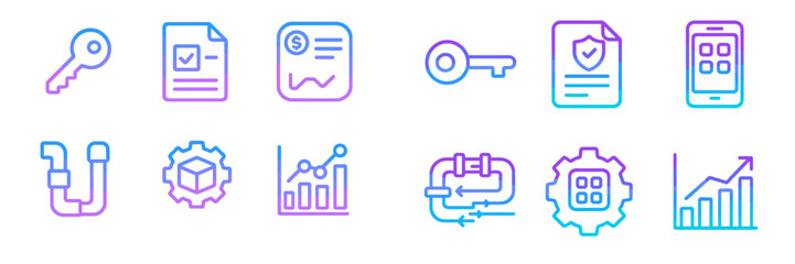 Poster - Illustration of various icons representing keys, documents, and business analytics in a modern design