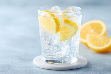Poster - macro shot of ice cubes clinking in glass of lemonade on white coaster