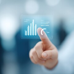 Poster - manager pointing at data chart displayed on transparent screen during meeting