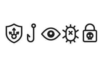 Fototapete - Various icons representing cybersecurity concepts including protection, phishing, surveillance, malware, and security protocols