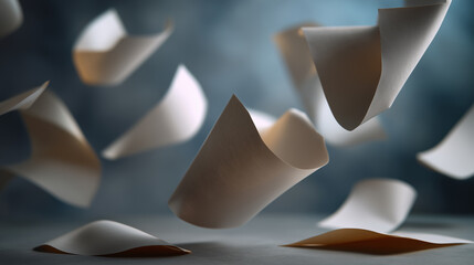 Poster - Elegant Floating Paper Sheets in Soft Focus with Blue Background, Captivating Abstract Artwork, Artistic Representation of Movement and Light