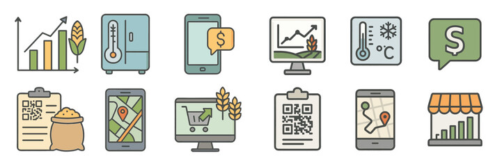 Poster - Collection of digital icons representing agriculture, technology, and data analysis in a modern setting