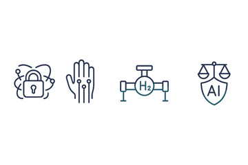 Poster - Innovative technology concepts featuring security, human interaction, hydrogen energy, and artificial intelligence symbols