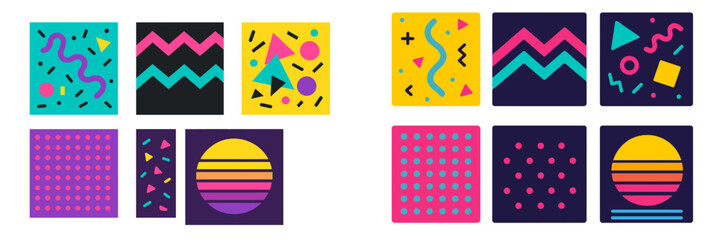 Poster - Colorful geometric patterns featuring vibrant shapes on dark backgrounds in a playful arrangement