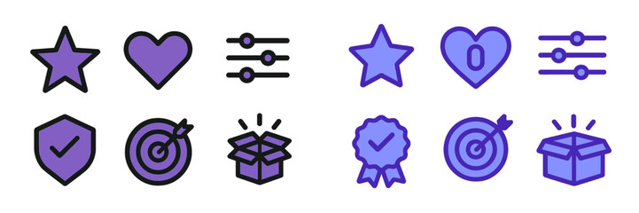 Poster - Various vector icons arranged in a grid, showcasing symbols like hearts, stars, shields, and boxes
