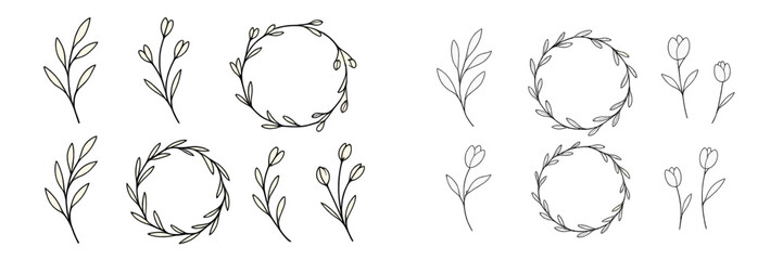 Poster - Floral line art designs featuring wreaths and individual botanical illustrations for creative projects