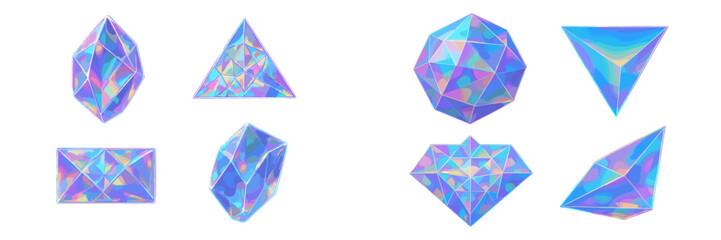 Poster - Colorful geometric crystals with iridescent surfaces in various shapes displayed on a bright background