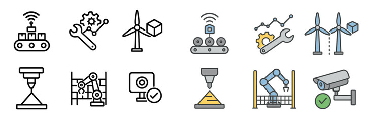 Poster - Images of various industrial technology symbols illustrating automation, engineering, and renewable energy concepts in a modern workspace