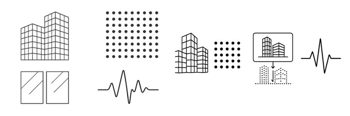 Poster - Graphic representation of urban architecture with buildings, patterns, and waveforms in a minimalist style