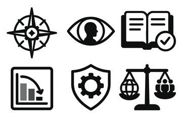 Poster - Icons representing navigation, awareness, education, analysis, security, and justice in a modern design layout
