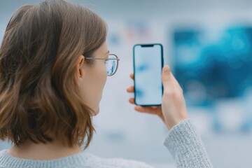 Poster - over-the-shoulder view of teacher recording mobile learning tutorial showing app to camera