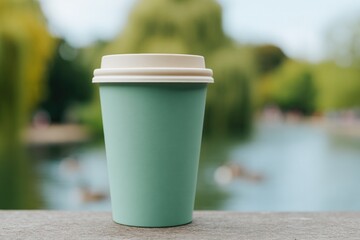 Poster - person holding reusable insulated cup in park feeding ducks in background softly blurred
