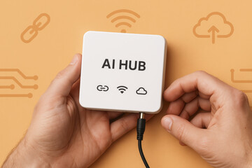 Poster - Connecting a digital device designed for cloud support illustrates the integration wireless technology and network communication for business efficiency