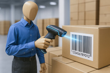 Poster - Efficiency and accuracy drive modern logistics as a wooden mannequin uses a handheld scanner to capture barcode data on shipping boxes within a warehouse environment
