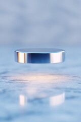 Poster - tiny floating podium with chrome finish suspended midair above marble slab with shallow dof