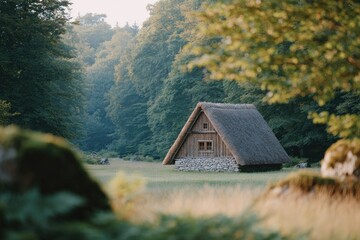 Poster - traditional hut in forest clearing with soft sunrise light