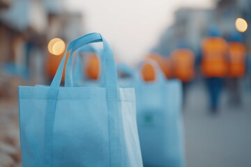 Aufkleber - volunteers walking with supply bags through narrow alley