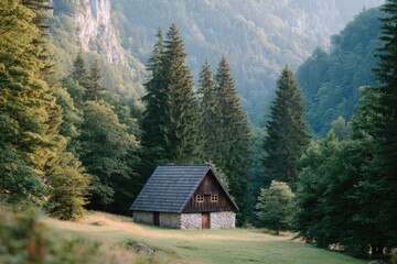 Poster - traditional hut in forest clearing with soft sunrise light