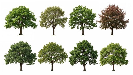 Assortment of Detached Trees on a White Background, Stunning Trees, Perfect for Design in Architecture, Ornamentation, and Integration with Natural Materials on Both Print and Online Platforms