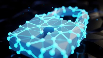 Poster - Abstract Blue Padlock Composed of Interconnected Nodes on Black Polygonal Surface Representing Data Security Technology